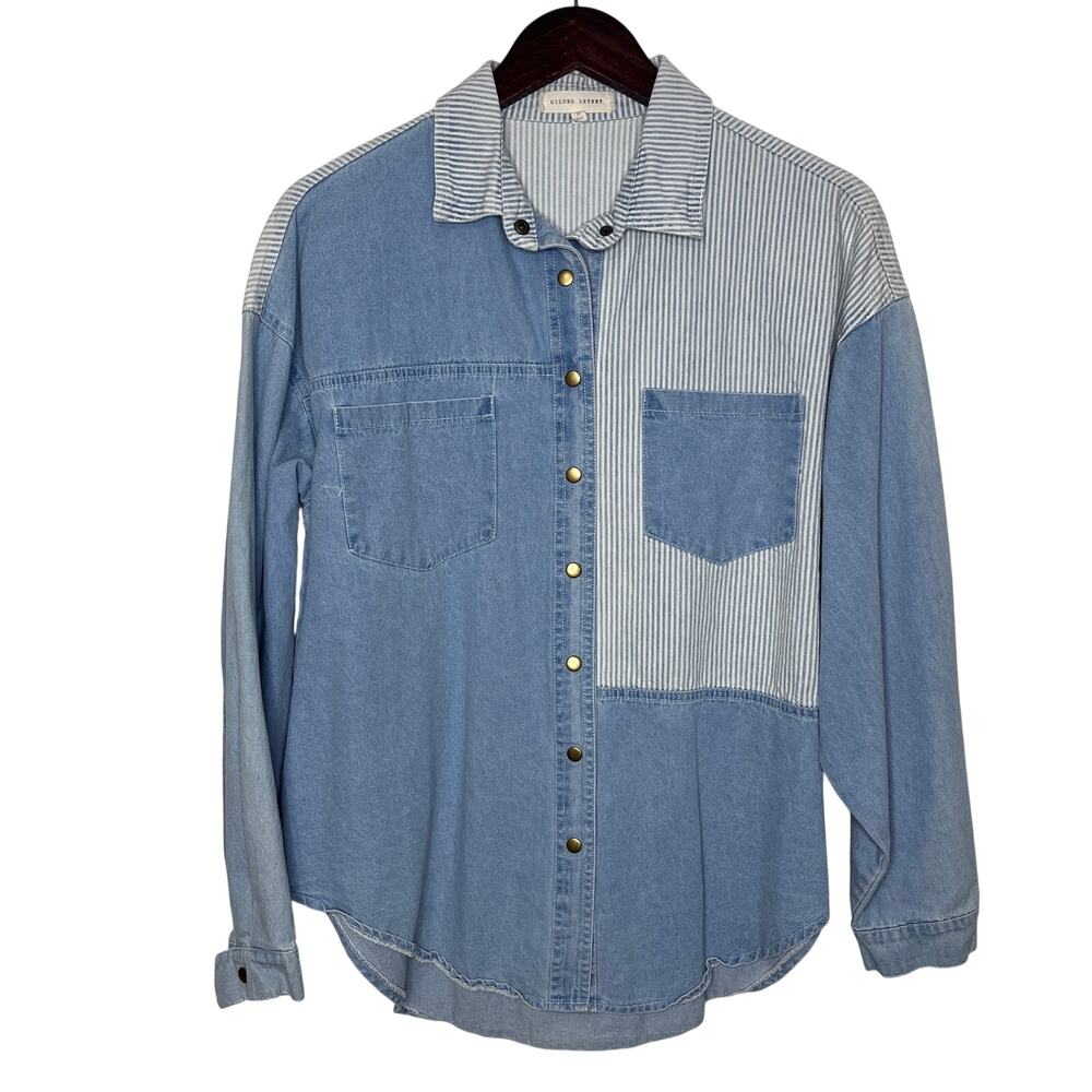Gilded Intent Buckle Long Sleeve Denim Striped Shirt Size M